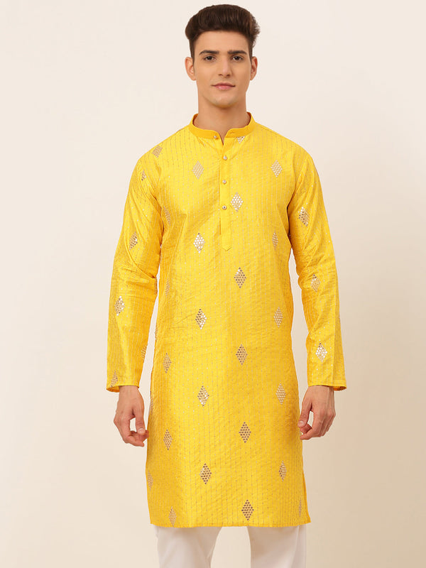 Men's Mustard Yellow Embroidered Sequinned Kurta Only ( Ko 673 Mustard ) - Virat Fashions