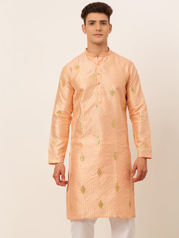 Men's Peach Embroidered Sequinned Kurta Only ( Ko 673 Peach ) - Virat Fashions