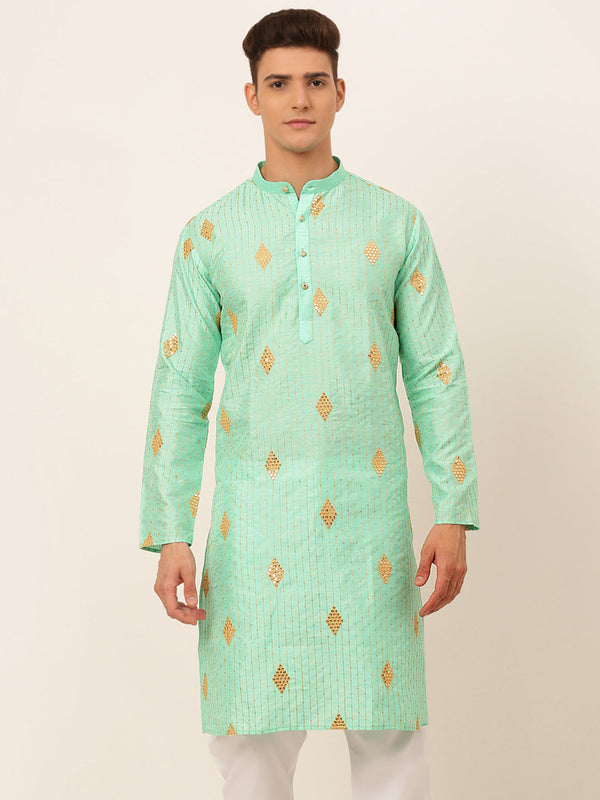 Men's Sky Blue Embroidered Sequinned Kurta Only ( Ko 673 Sky ) - Virat Fashions