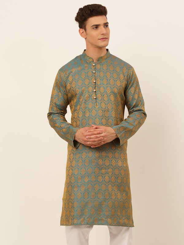 Men's Blue And Golden Woven Design Kurta Only ( Ko 674 Blue ) - Virat Fashions