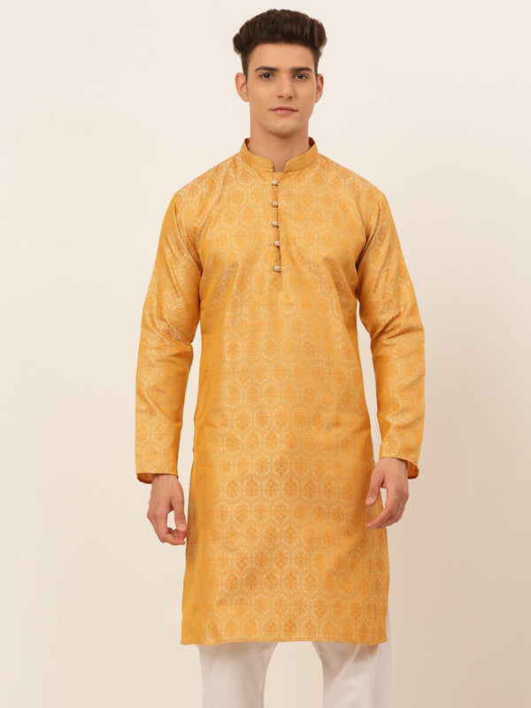 Men's Silver And Golden Woven Design Kurta Only ( Ko 674 Golden ) - Virat Fashions