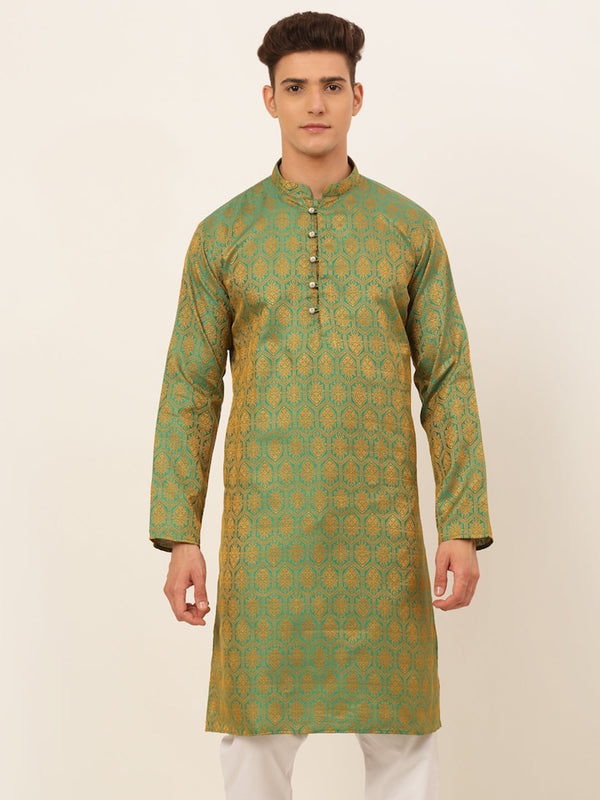 Men's Green And Golden Woven Design Kurta Only ( Ko 674 Green ) - Virat Fashions