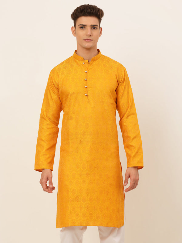 Men's Mustard And Golden Woven Design Kurta Only ( Ko 674 Mustard ) - Virat Fashions