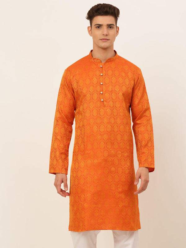 Men's Orange And Golden Woven Design Kurta Only ( Ko 674 Orange ) - Virat Fashions