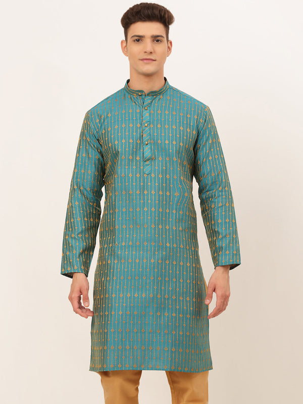 Men's Blue Embroidered Kurta Only ( Ko 676 Blue ) - Virat Fashions