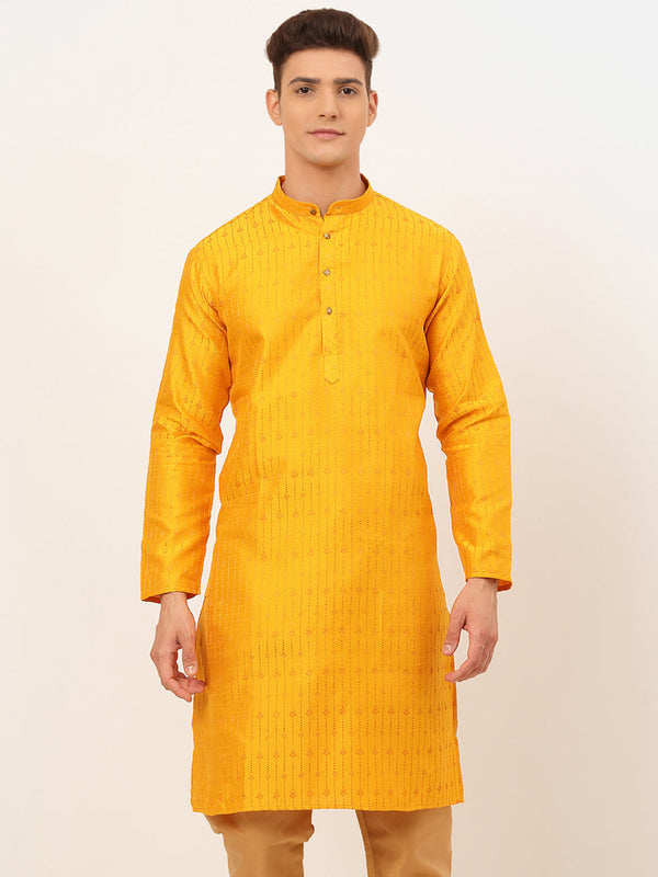 Men's Mustard Embroidered Kurta Only ( Ko 676 Mustard ) - Virat Fashions