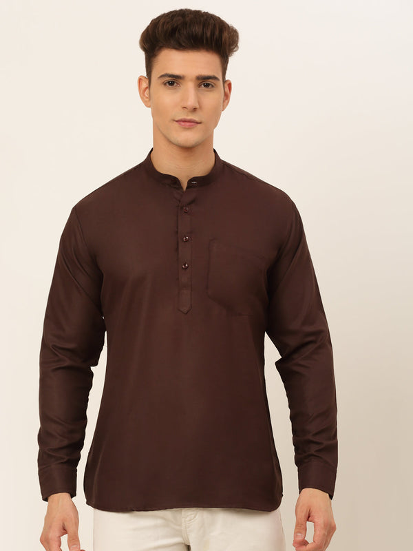 Men's Coffee Solid Cotton Short Kurta ( Ko 677 Coffee ) - Virat Fashions