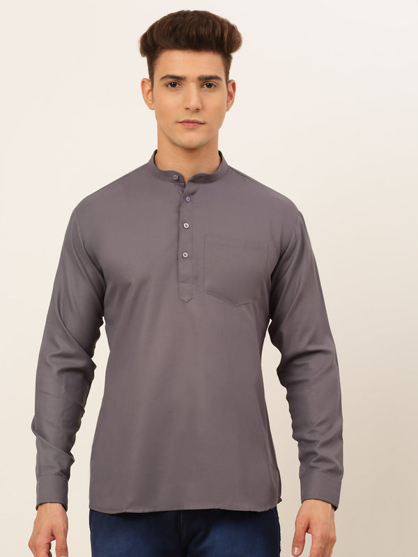 Men's Grey Solid Cotton Short Kurta ( Ko 677 Grey ) - Virat Fashions