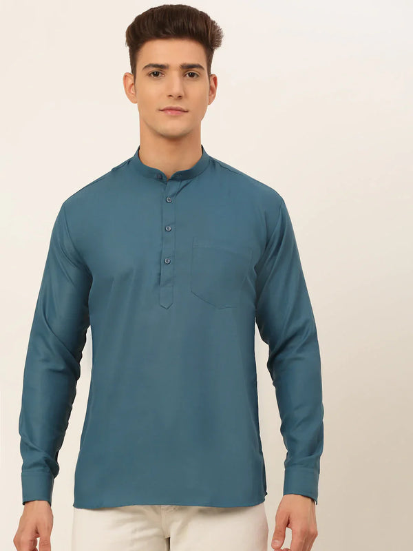 Men's Teal Blue Solid Cotton Short Kurta ( KO 677 Teal ) - Virat Fashions