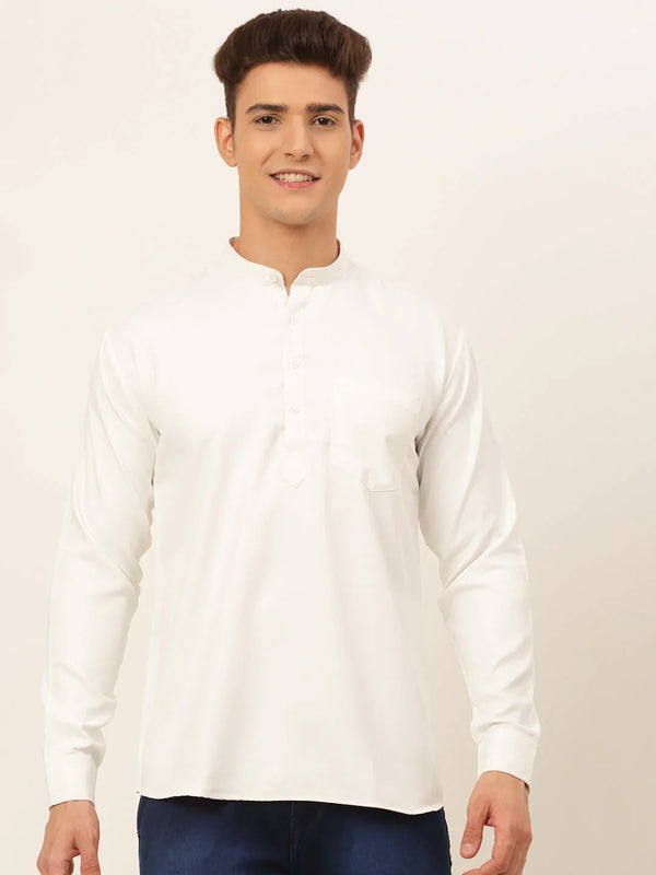 Men's White Solid Cotton Short Kurta ( KO 677 White ) - Virat Fashions