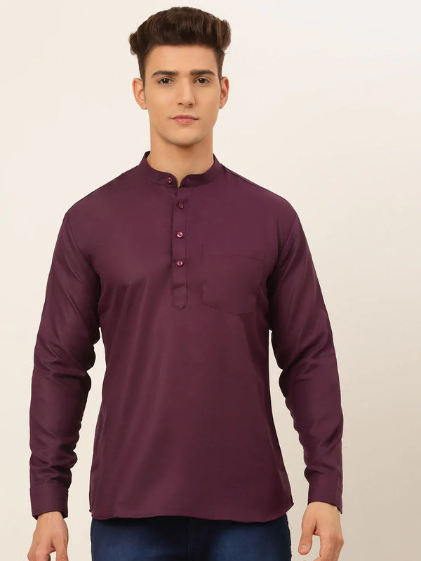 Men's Purple Solid Cotton Short Kurta ( KO 677 Wine ) - Virat Fashions