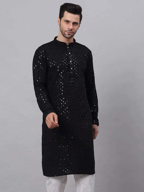 Men's Black Chikankari Embroidered and Sequence Kurta Only ( KO 678 Black ) - Virat Fashions