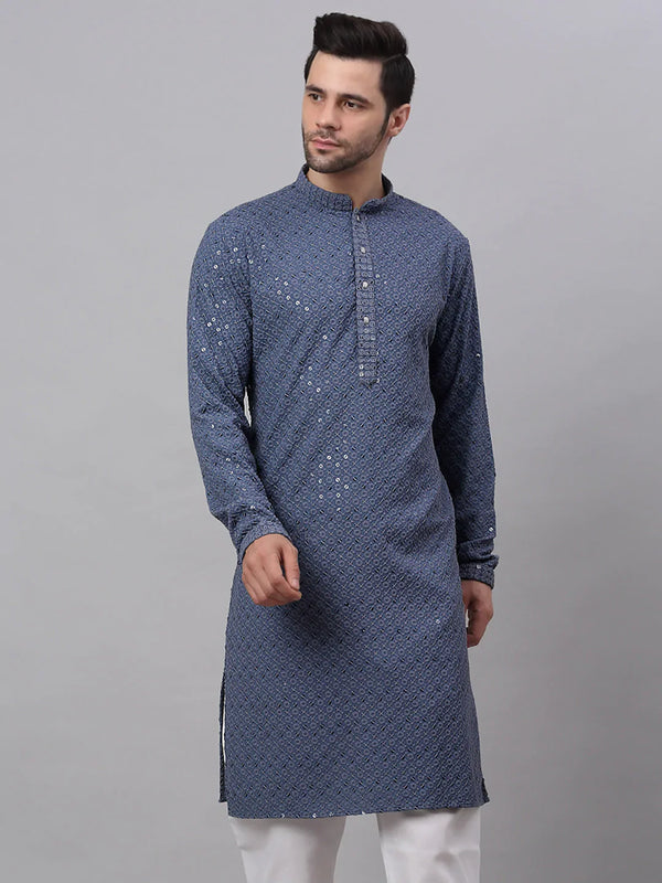 Men's Grey Chikankari Embroidered and Sequence Kurta Only ( KO 678 Grey ) - Virat Fashions