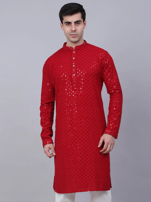 Men's Maroon Chikankari Embroidered and Sequence Kurta Only ( KO 678 Maroon ) - Virat Fashions