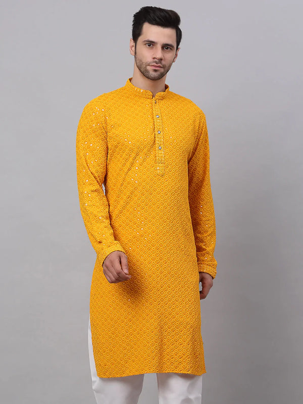 Men's Mustard Chikankari Embroidered and Sequence Kurta Only ( KO 678 Mustard ) - Virat Fashions