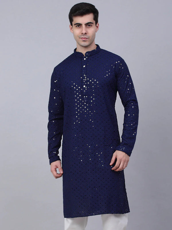 Men's Navy Blue Chikankari Embroidered and Sequence Kurta Only ( KO 678 Navy ) - Virat Fashions