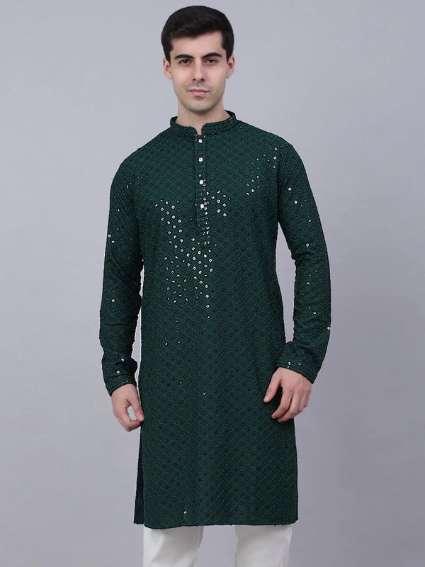 Men's Olive Green Chikankari Embroidered and Sequence Kurta Only ( KO 678 Olive ) - Virat Fashions