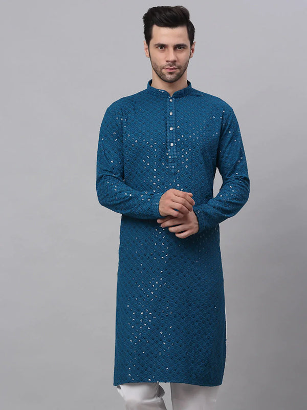 Men's Blue Chikankari Embroidered and Sequence Kurta Only ( KO 678 Peacock ) - Virat Fashions