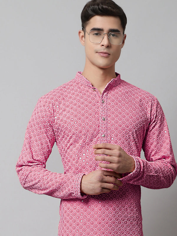 Men Pink Chikankari Embroidered and Sequence Kurtas