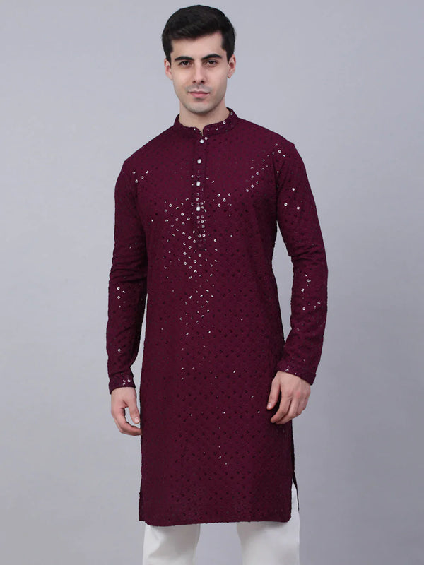 Men's Purple Chikankari Embroidered and Sequence Kurta Only ( KO 678 Purple ) - Virat Fashions