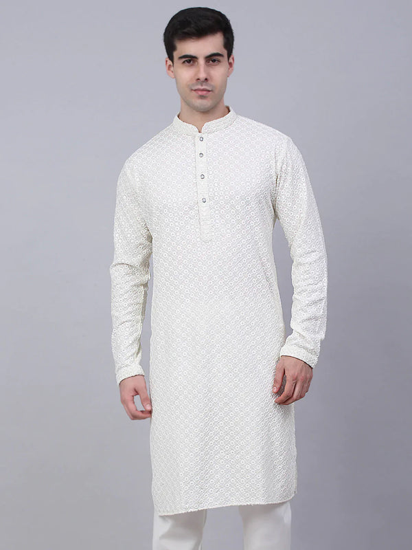 Men's White Chikankari Embroidered and Sequence Kurta Only ( KO 678 White ) - Virat Fashions