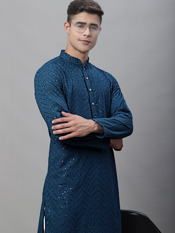 Men Peacock Blue Embroidered Sequinned Kurtas