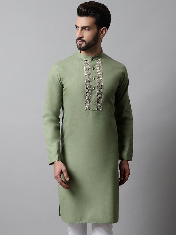 Men Pista Green Embroidered Kurtas