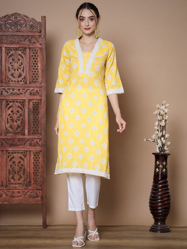 Women's Yellow Straight Kurta & Trousers - Myshka