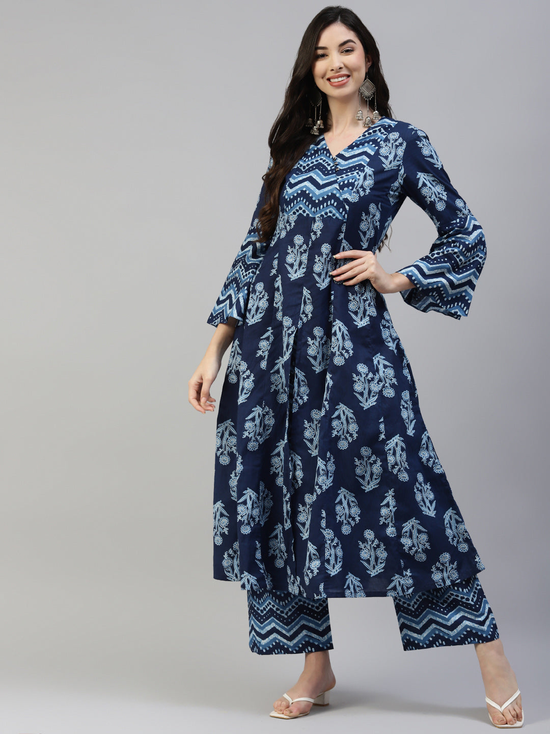 Women's Blue Cotton Printed Anarkali Kurta With Palazzo -  Poshak Hub