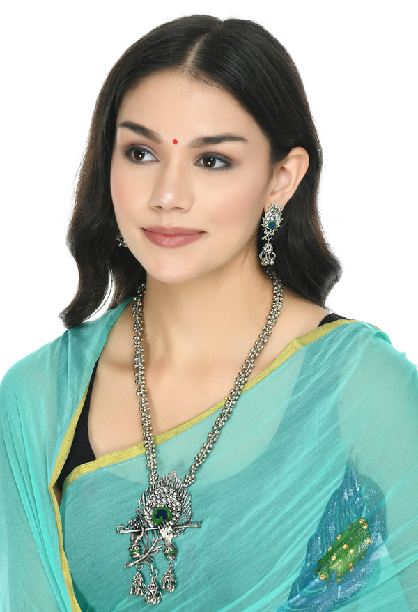 Indiakreations Traditional Silver plated Krishna Flute Design Necklace with Earrings Set Jkms_052