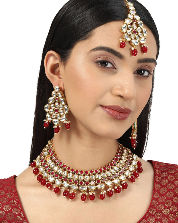 Women's Kundan Gold Plated Brass Jewellery Set - Voylla