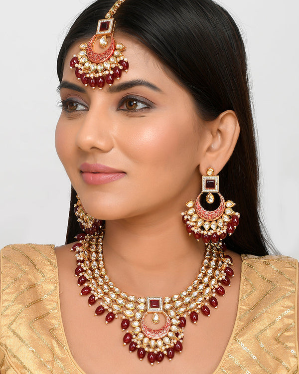 Women's Kundan Elegance Red Stones Jewellery Set - Voylla