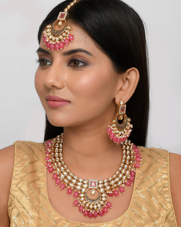 Women's Kundan Elegance Pink Stones Jewellery Set - Voylla