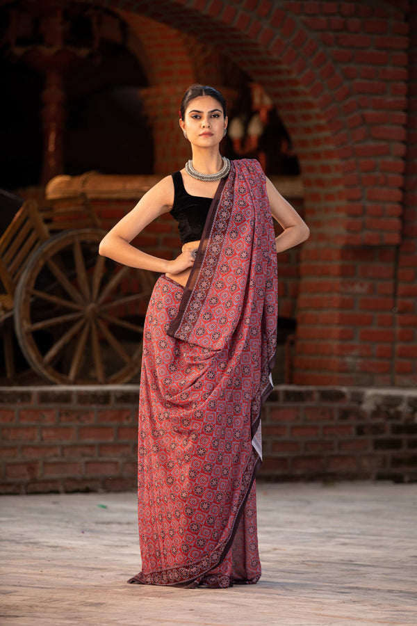 Women's Berry Red Ajrakh Saree - Karagiri