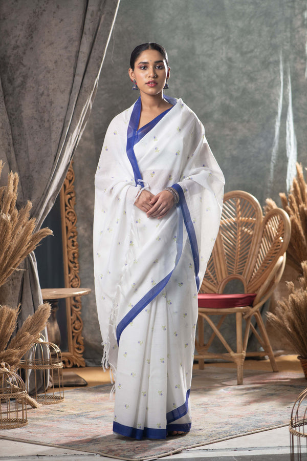 Women's Block Printed White Cotton Saree - Karagiri