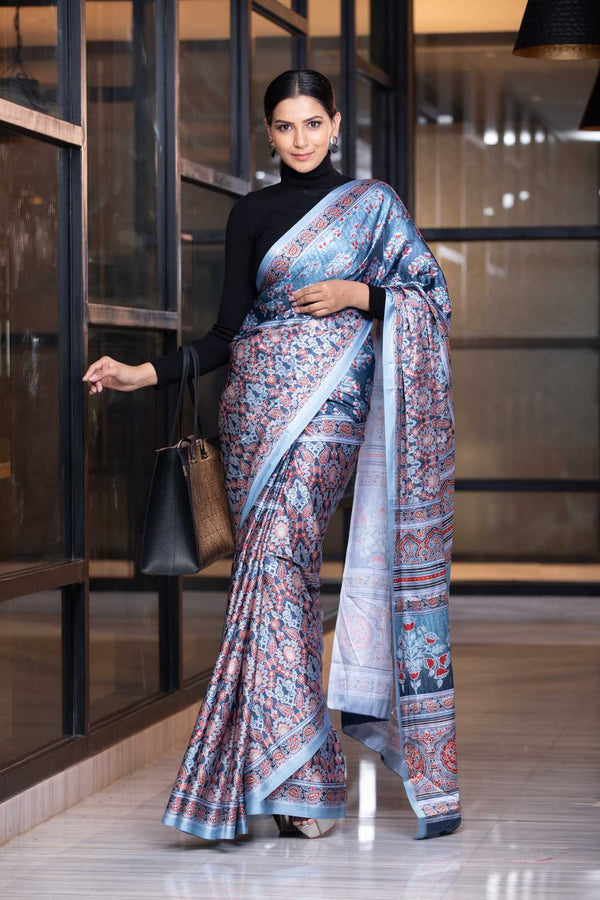 Women's Blue Ajrakh Saree - Karagiri