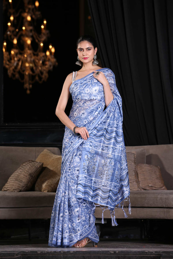 Women's Azure Blue Digital Printed Saree - Karagiri