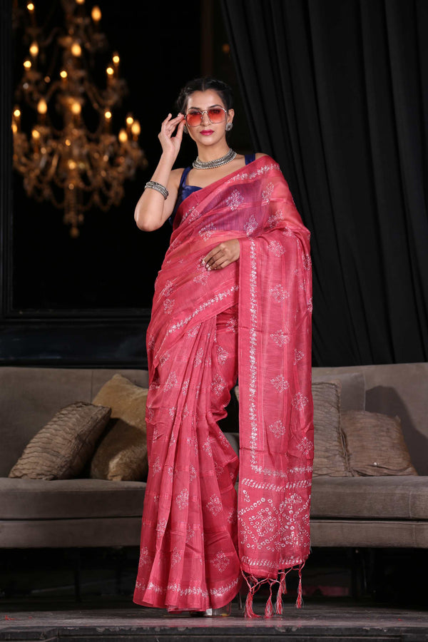 Women's Carmine Red Digital Printed Saree - Karagiri