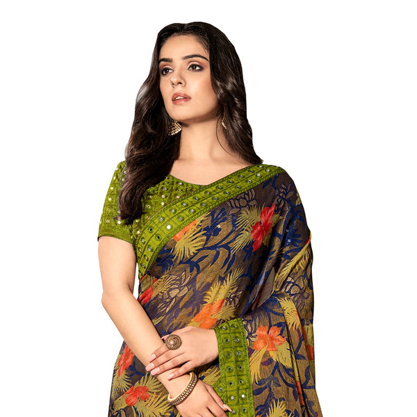 Women's Multi Color  Designer Chiffon Brasso Saree With Mirror Work Lace - Vamika