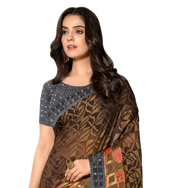 Women's Brown Designer Chiffon Brasso Saree With Mirror Work Lace - Vamika