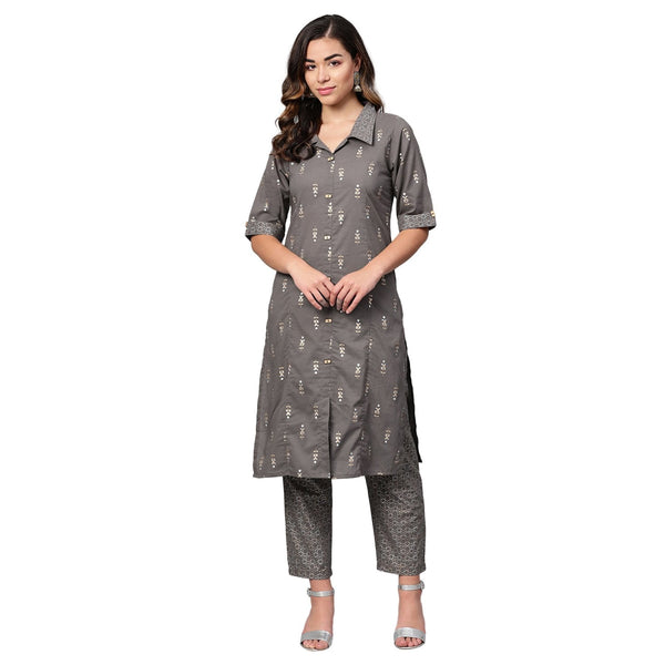 Women Grey Cotton Kurta Palazzo Set by Myshka (2 Pc Set)