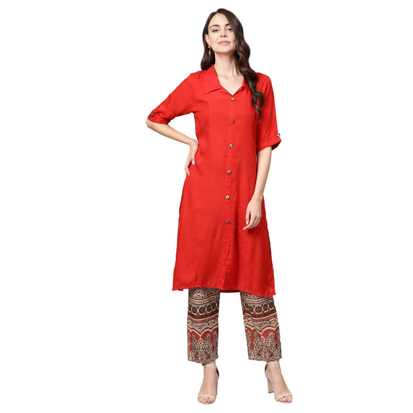 Women's Red Rayon Solid Half Sleeve Casual Kurta Palazzo - Myshka