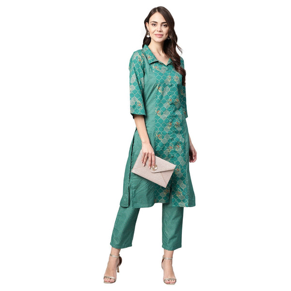 Women Green Cotton Printed Kurta Palazzo set by Myshka (2 Pc Set)