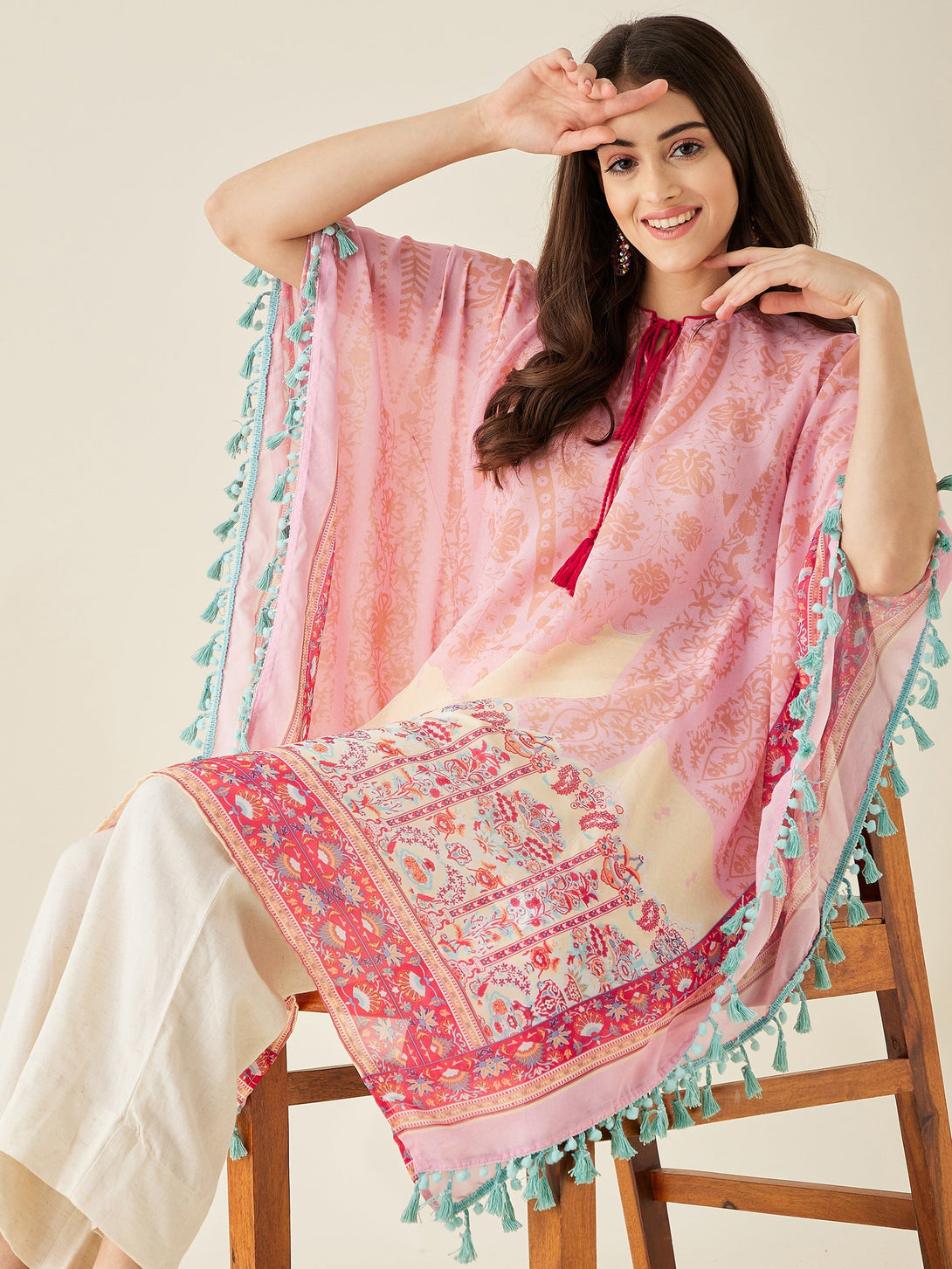 Pink Paisley And Leaf Printed Kaftan Kurta - The Kaftan Company