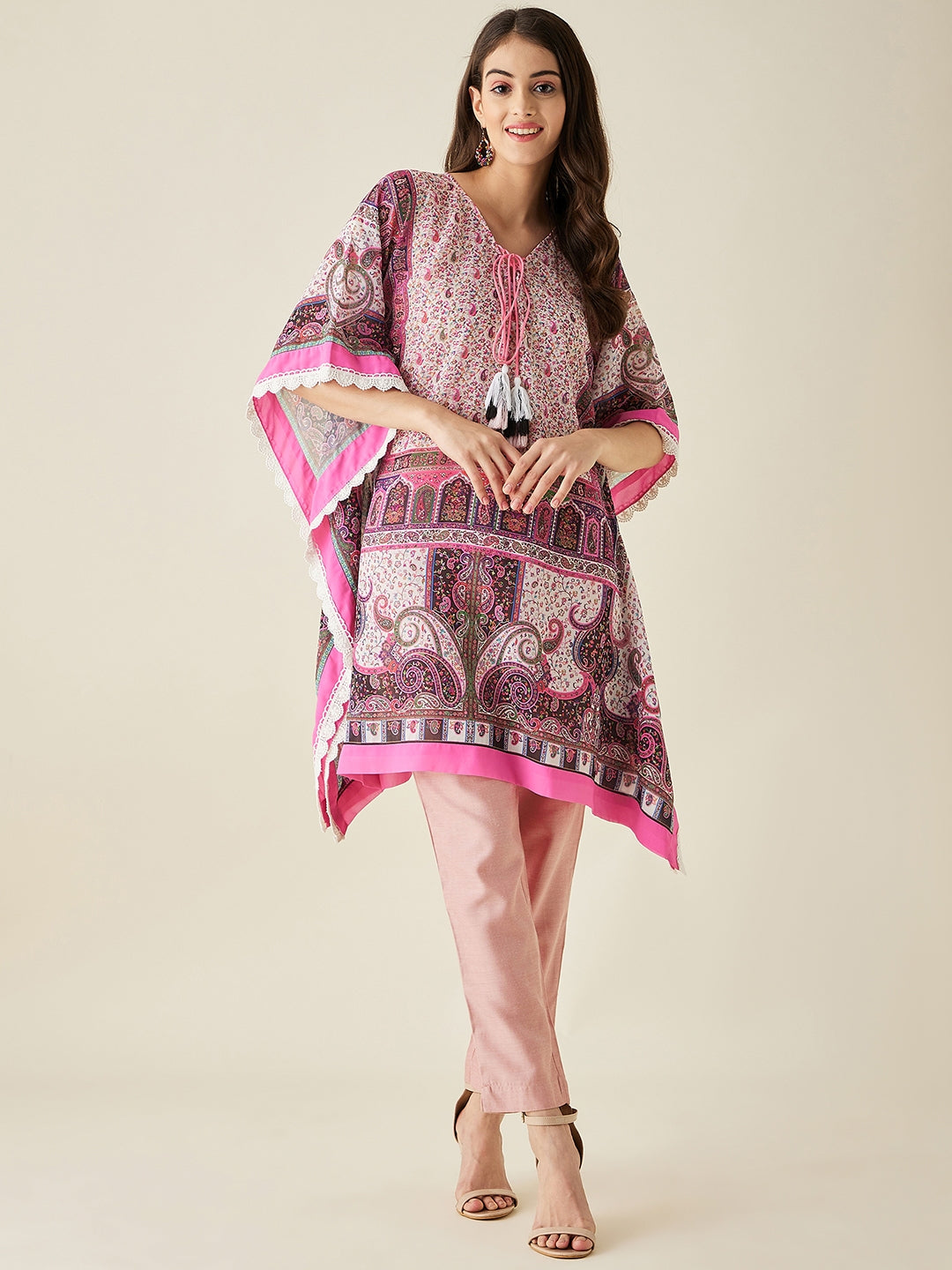 Pink Floral And Paisley Printed Kaftan Kurta  - The Kaftan Company