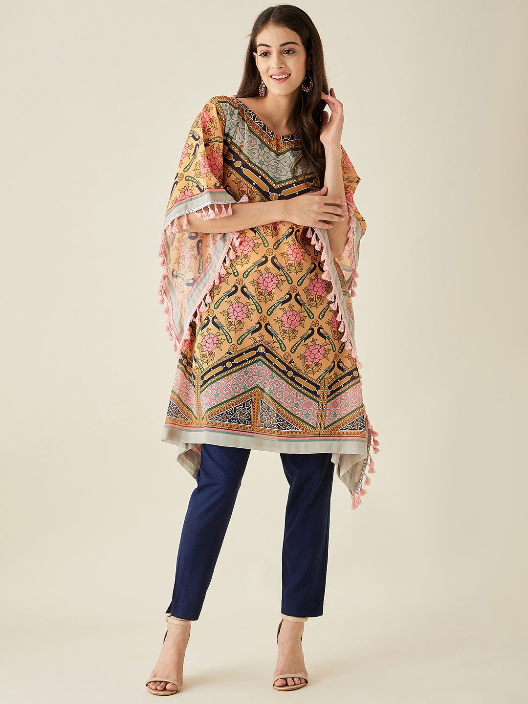 Mustard Floral Printed Kaftan Kurta  - The Kaftan Company