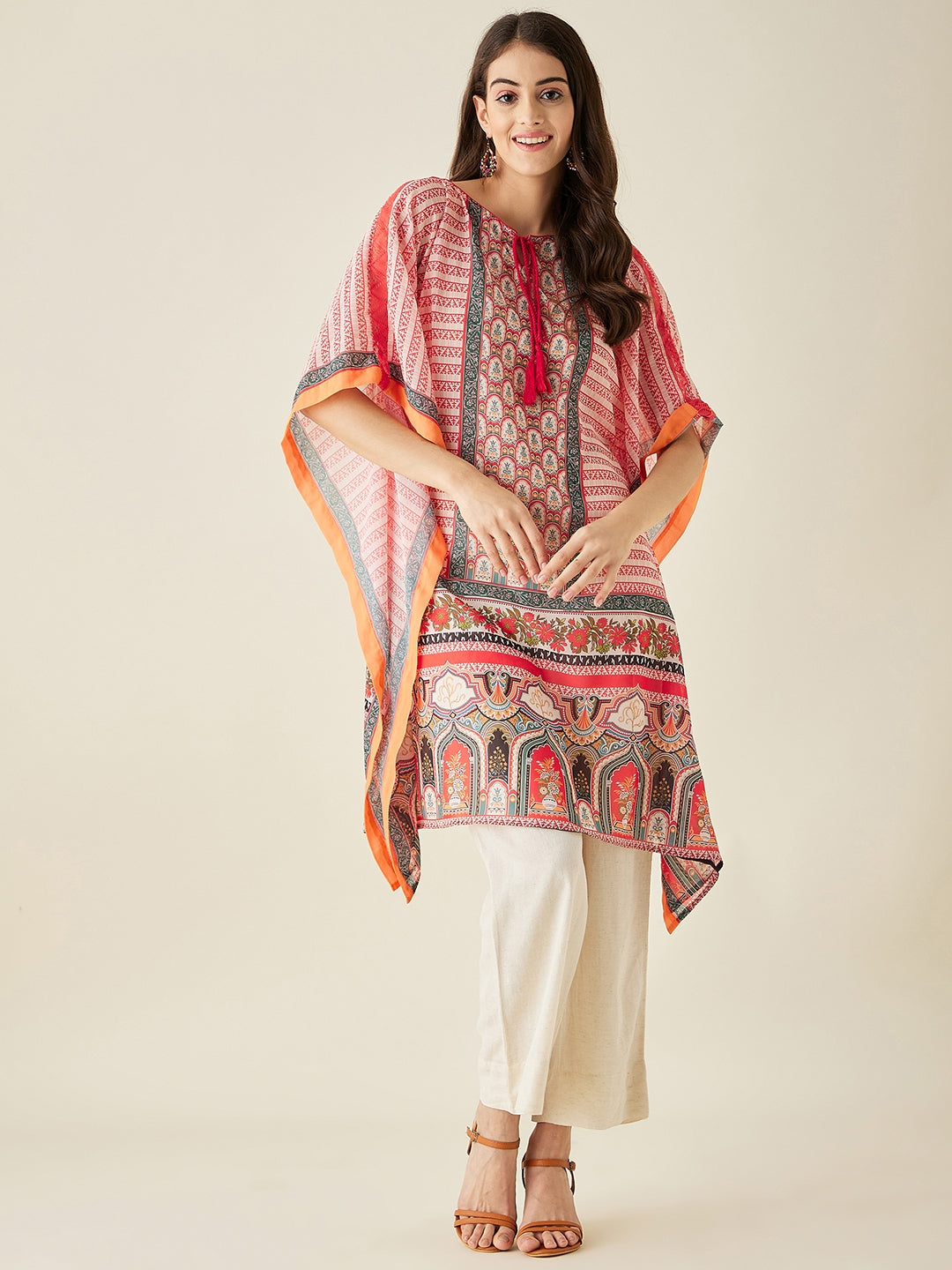 Coral Ethnic Motif Printed Kaftan Kurta  - The Kaftan Company