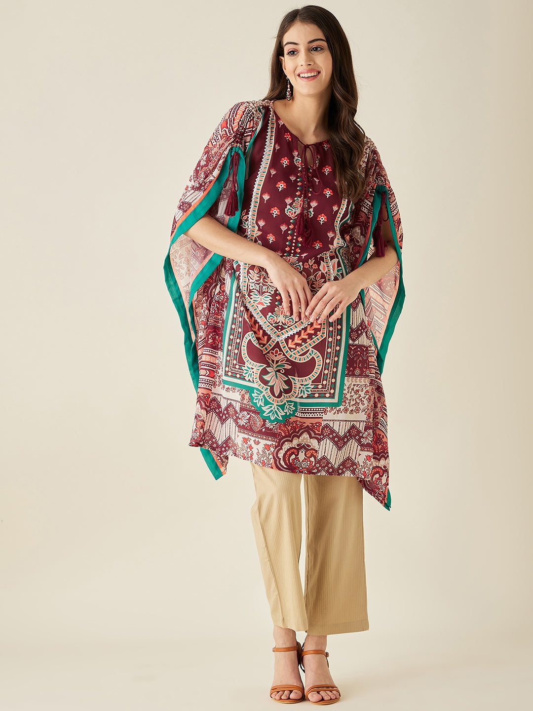 Maroon Floral Printed Kaftan Kurta  - The Kaftan Company