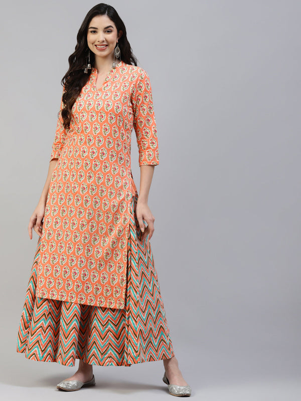 Women's Peach Cotton Print Straight Kurta With Skirt - Noz2Toz