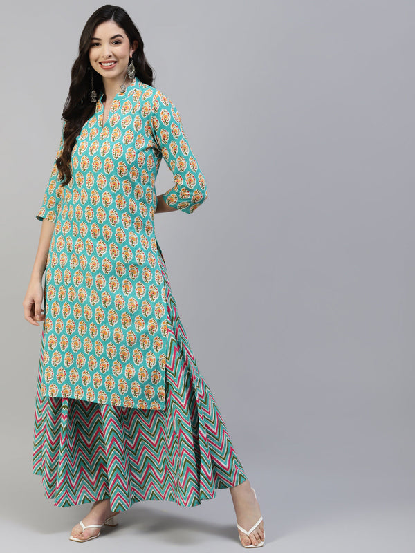 Women's Torquiose Cotton Print Straight Kurta With Skirt - Noz2Toz